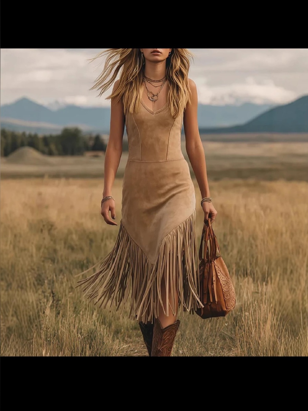 Suede Fringe Midi Dress in Tan